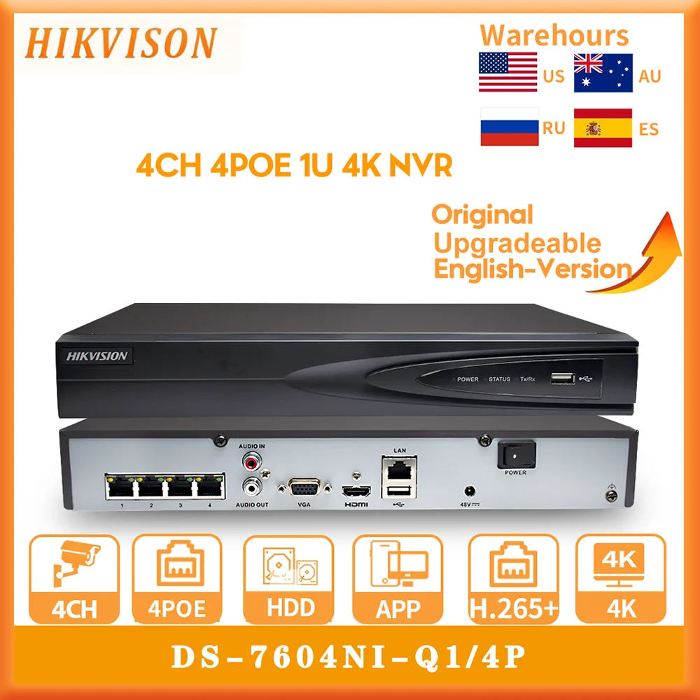Hikvision ÷  ÷ Ʈũ  ,  DS-7604NI-Q1/4P, 4 ä, 1U, 4PoE, 4K NVR, H.265 +